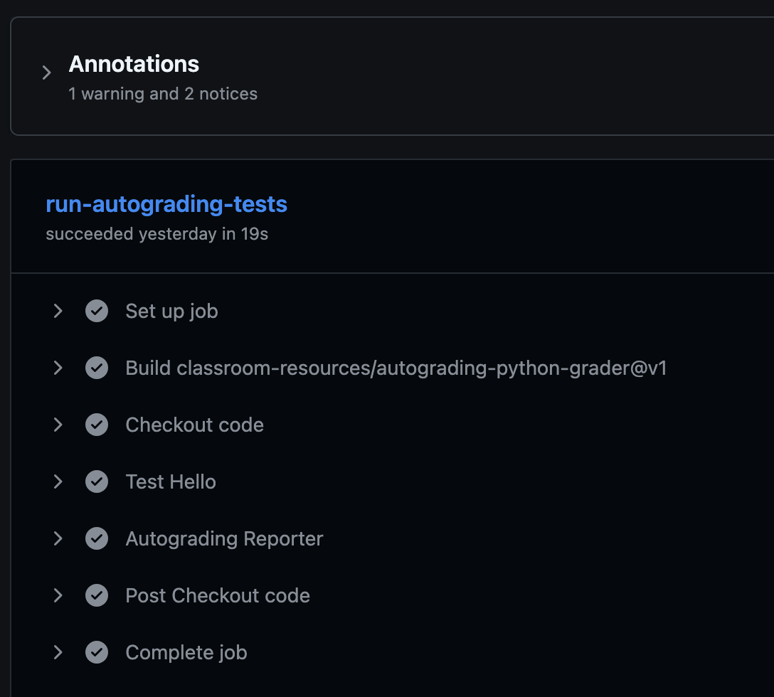 Screenshot of the GitHub Actions Autograding Reporter for a passing assignment